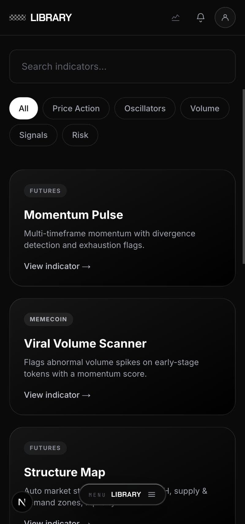 The Library screen: a search field, category filters for Price Action, Oscillators, Volume, Signals and Risk, and indicator cards for Momentum Pulse, Viral Volume Scanner and Structure Map.